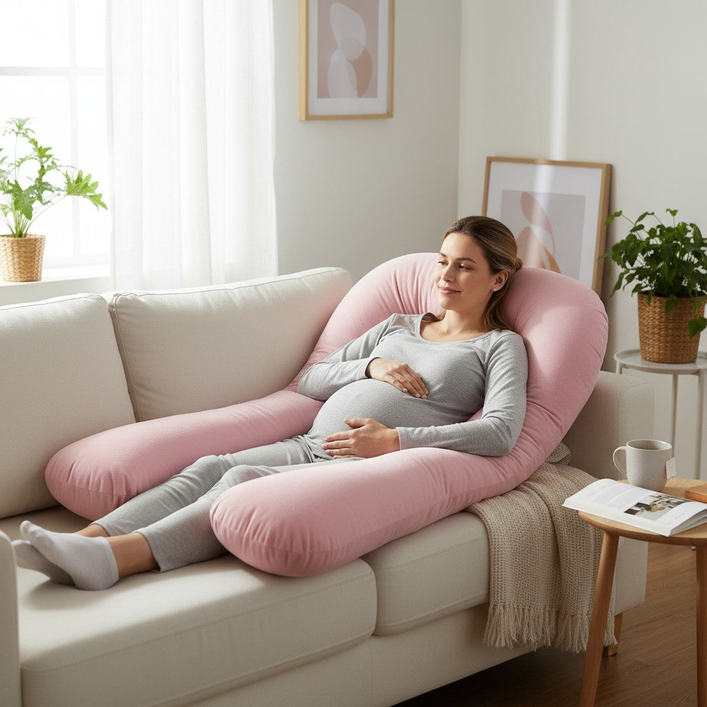 Coussin de grossesse et d’allaitement en U – coton bio rose